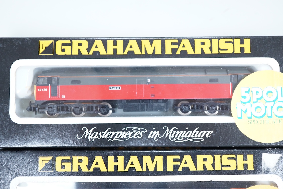 Four boxed Graham Farish N gauge railway Class 47 diesel locomotives; a Porterbrook, 47 817 (LE801A), a Network SouthEast, 47 582 (8018), a Great Western, SS Great Britain 47813, (8002) and a Parcels, Track 29 47479 (802
